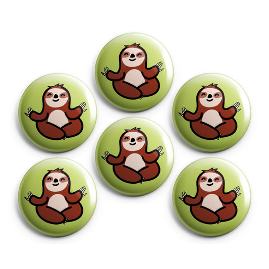 HAPPY MEDITATING SLOTH - Magnets / Pinback Buttons / Badges - 1 inch or 1.75 inch, Set of 6, Handmade, Mix and Match