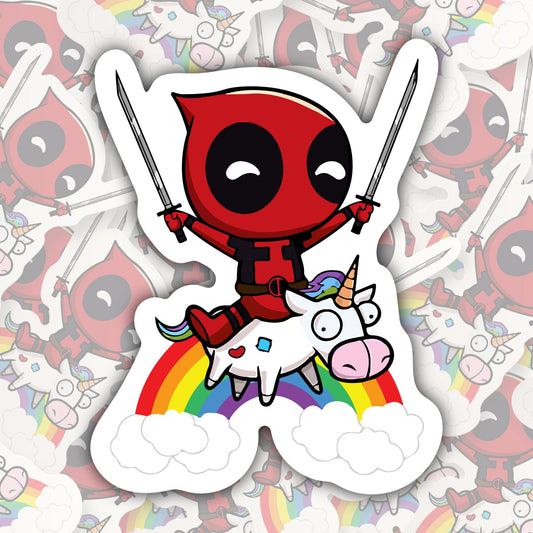 Deadpool Riding a Unicorn * STICKER OR MAGNET * Die-Cut | Vinyl | Decal | Waterproof | Weatherproof