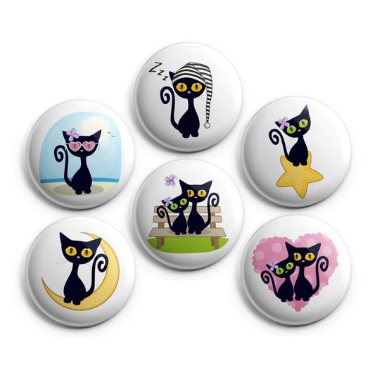 CUTE BLACK CAT - Magnets / Pinback Buttons / Badges - 1 inch or 1.75 inch, Set of 6, Handmade, Mix and Match