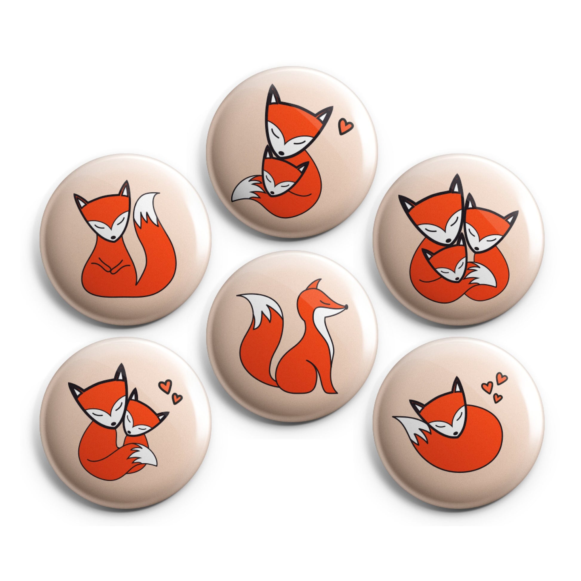 FOX FAMILY KAWAII - Magnets / Pinback Buttons / Badges - 1 inch or 1.75 inch, Set of 6, Handmade, Mix and Match