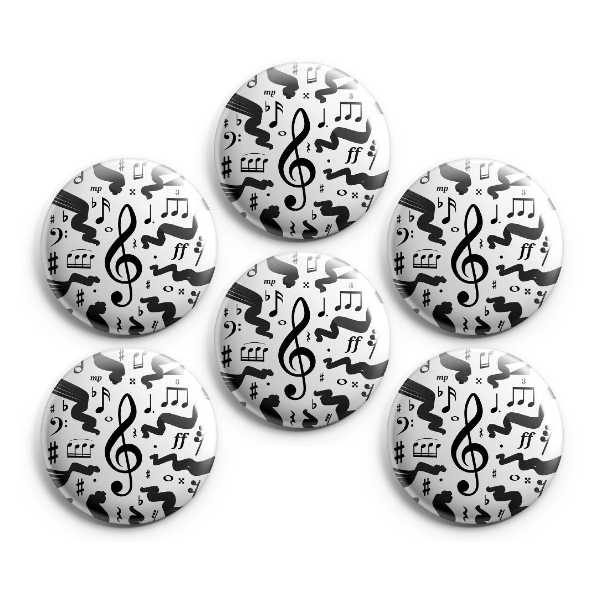 MUSIC NOTES SYMBOLS - Magnets / Pinback Buttons / Badges - 1 inch or 1.75 inch, Set of 6, Handmade, Mix and Match