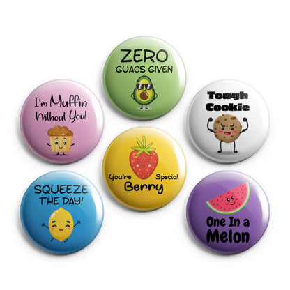 FOOD PUNS - Magnets / Pinback Buttons / Badges - 1 inch or 1.75 inch, Set of 6, Handmade, Mix and Match