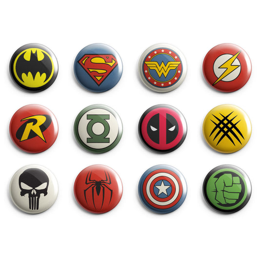 SUPERHERO LOGO ICONS - Magnets / Pinback Buttons / Badges - 1 inch or 1.75 inch, Set of 12, Handmade, Mix and Match