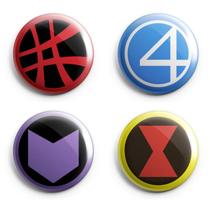 MARVEL SUPERHERO LOGOS - Magnets / Pinback Buttons / Badges - 1 inch or 1.75 inch, Set of 12, Handmade, Mix and Match