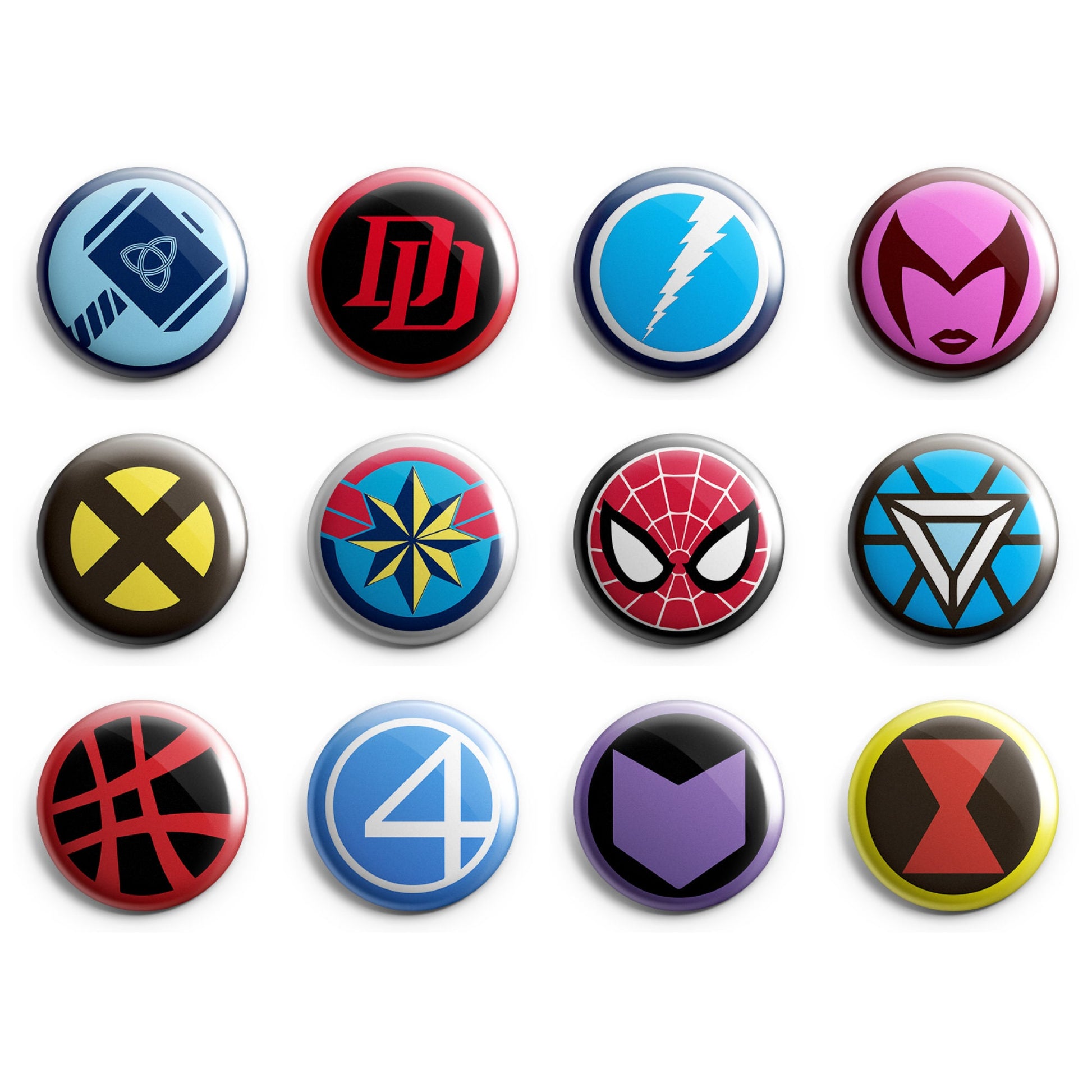 MARVEL SUPERHERO LOGOS - Magnets / Pinback Buttons / Badges - 1 inch or 1.75 inch, Set of 12, Handmade, Mix and Match