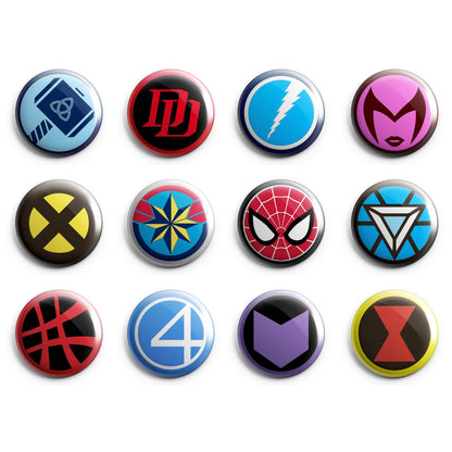 MARVEL SUPERHERO LOGOS - Magnets / Pinback Buttons / Badges - 1 inch or 1.75 inch, Set of 12, Handmade, Mix and Match