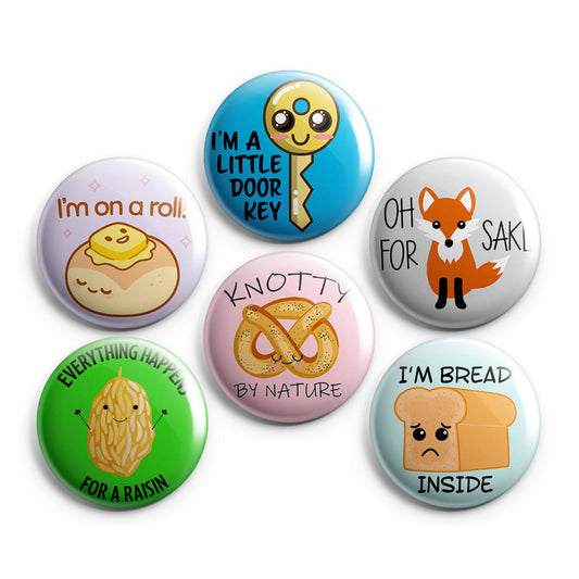 PUNS - Magnets / Pinback Buttons / Badges - 1 inch or 1.75 inch, Set of 6, Handmade, Mix and Match