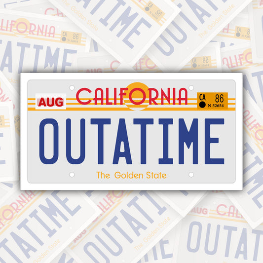 Outatime License Plate * STICKER OR MAGNET * Die-Cut | Vinyl | Decal | Waterproof | Weatherproof