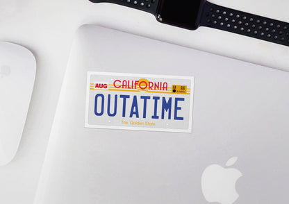 Outatime License Plate * STICKER OR MAGNET * Die-Cut | Vinyl | Decal | Waterproof | Weatherproof